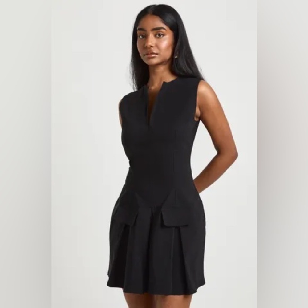 Micas sexy cap sleeve deep v neck zipper black uniform dress size L CC12-21